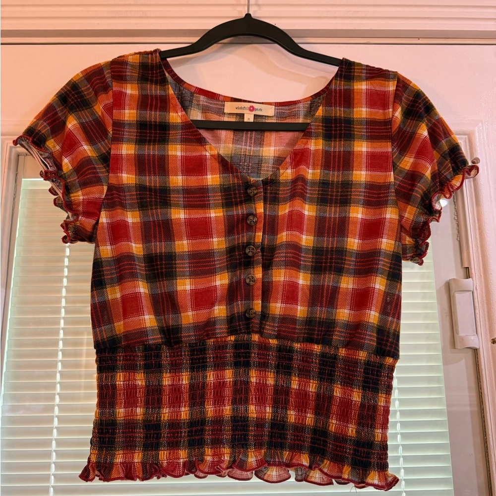 Wishful Park Multicolor Plaid Top Blouse Size Medium - Picture 4 of 7